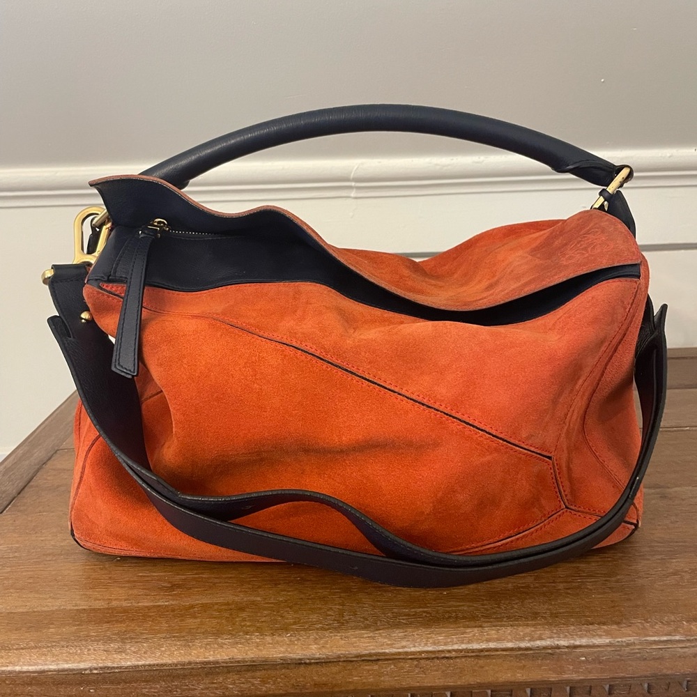 Authentic Loewe Medium Puzzle Tote in rare Orange Suede with Navy Trim
